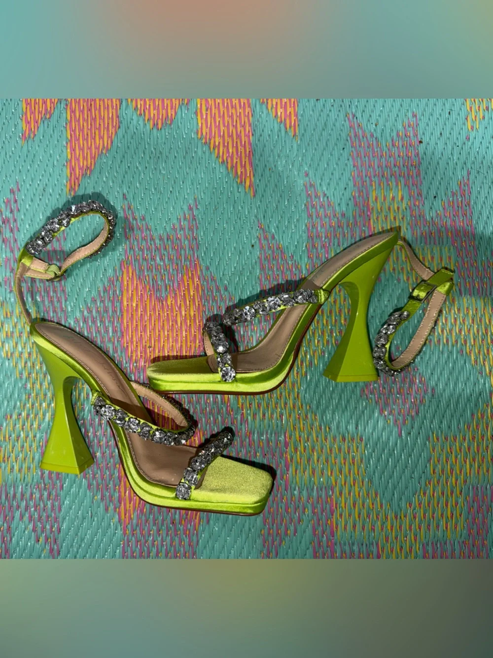 Betsey Johnson Neon Lime Satin Crystal-Strap Platform Heels